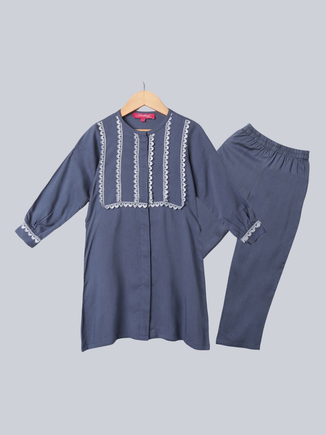 MUSHKIYA Girls Round Neck Long Sleeves Kurti with Trousers, Grey