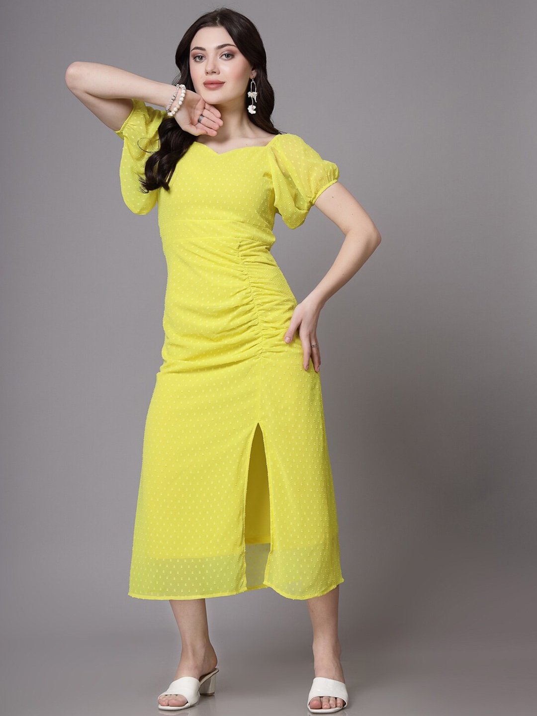 

aayu Women Self Design Maxi Midi Dress, Yellow
