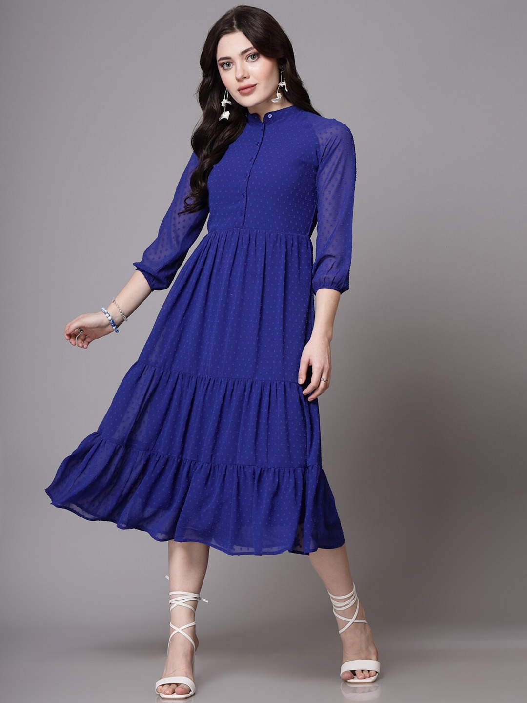 

aayu Women Self Design Layered Georgette Fit & Flare Midi Dress, Blue