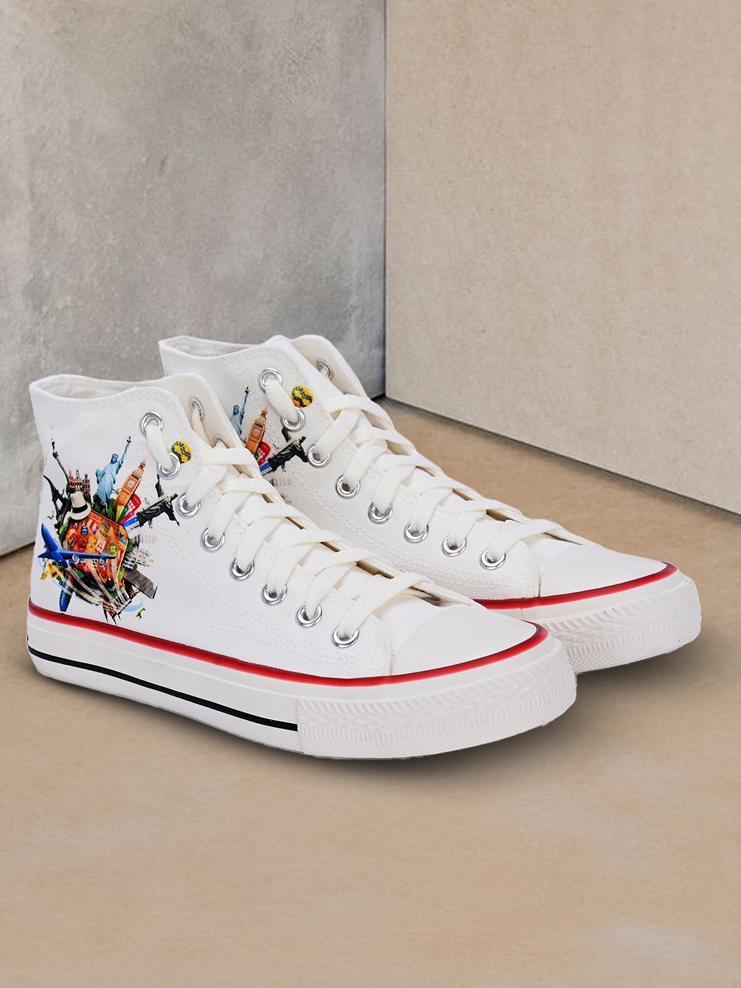 

CROWCIA LONDON Men Printed Round Toe Lightweight Canvas Sneakers, White