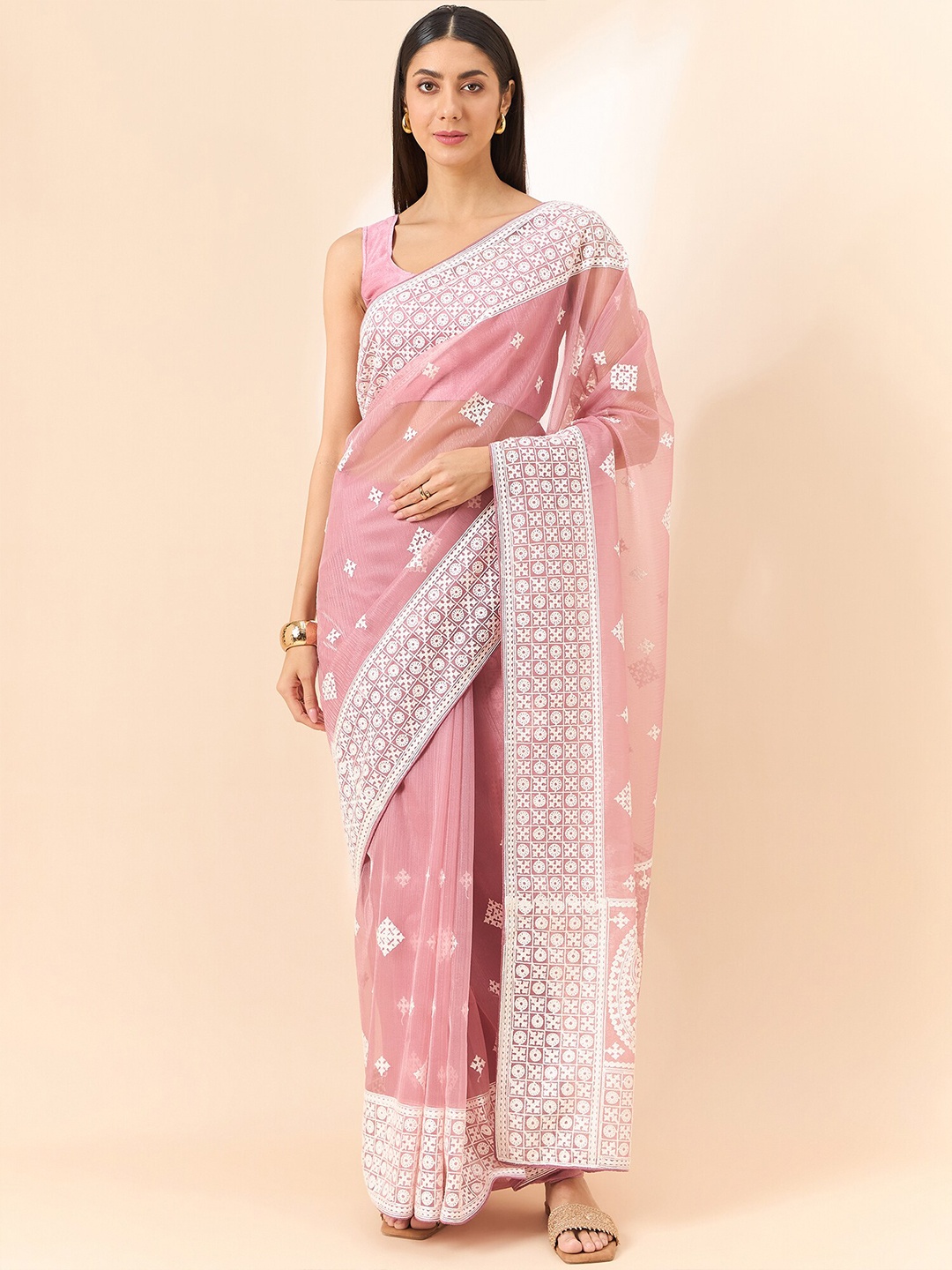 

all about you Embroidered Organza Saree, Pink