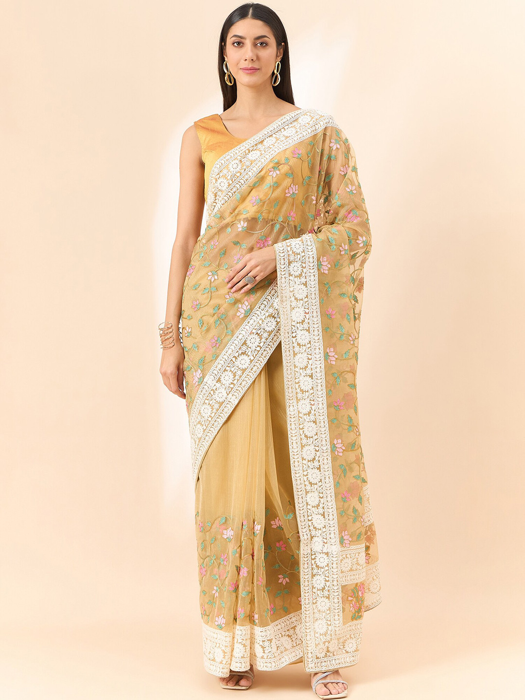 

all about you Floral Embroidered Organza Saree, Beige