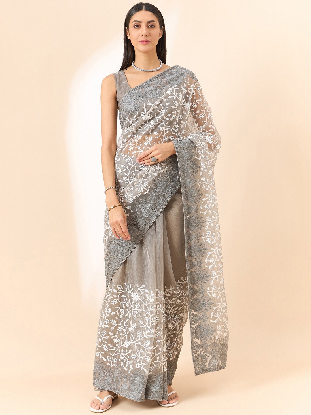 

all about you Floral Embroidered Organza Saree, Grey