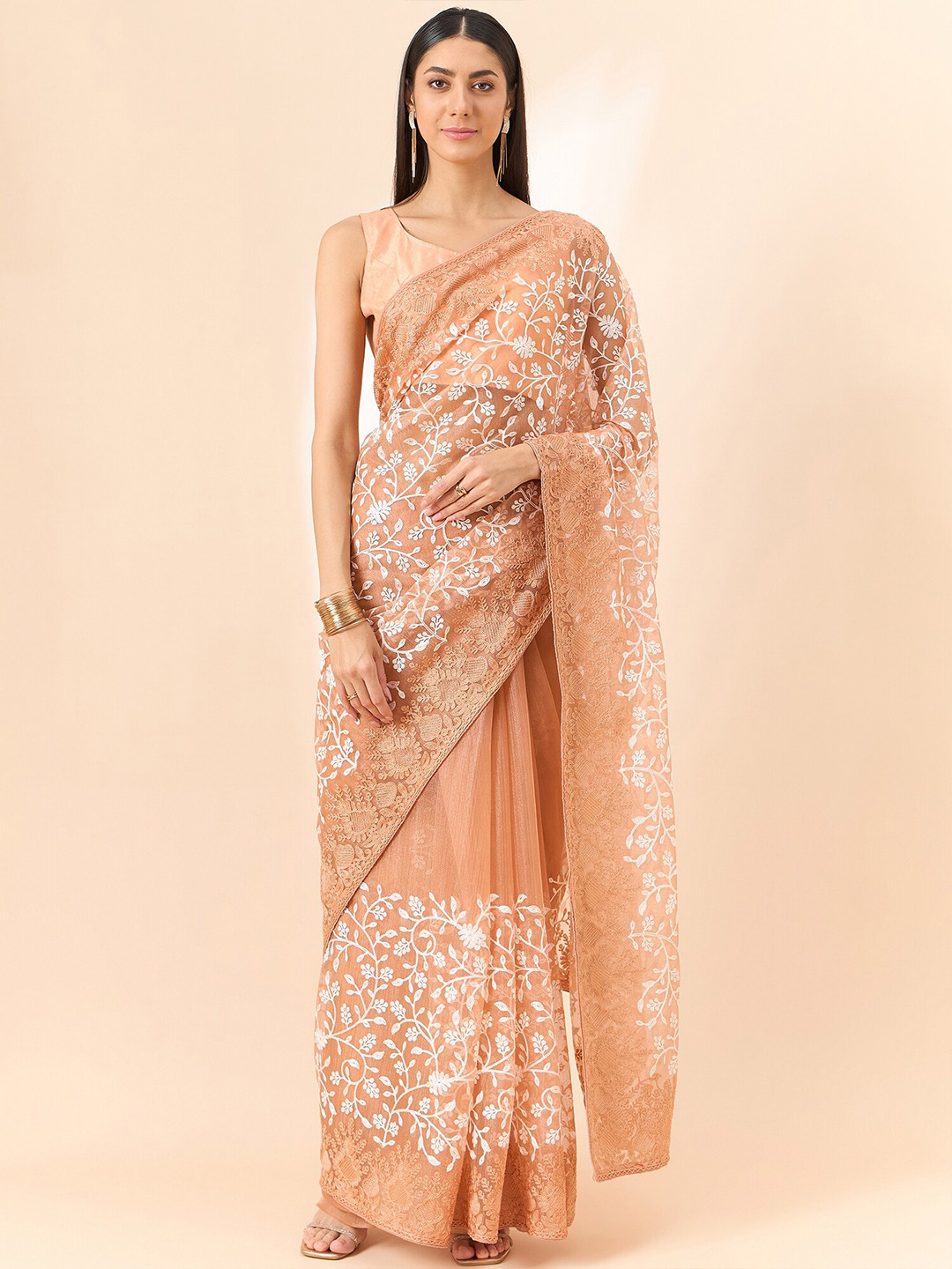 

all about you Floral Embroidered Organza Saree, Peach