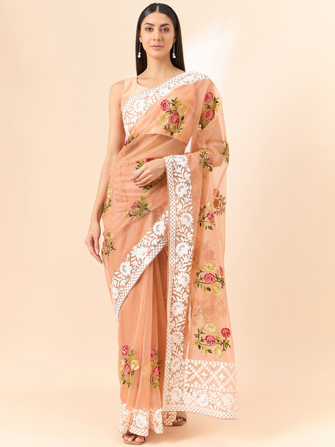 

all about you Floral Embroidered Organza Saree, Peach