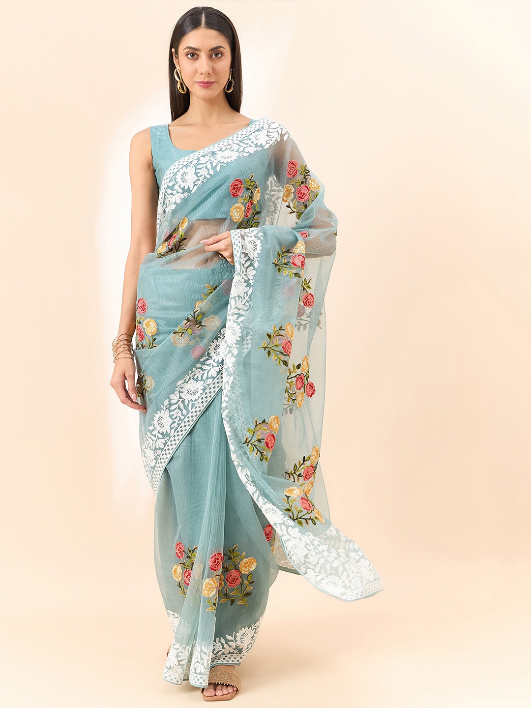 

all about you Floral Embroidered Organza Saree, Blue