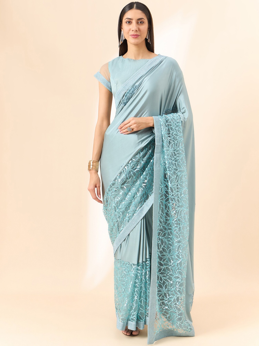 

all about you Floral Sequinned Embellished Saree, Blue