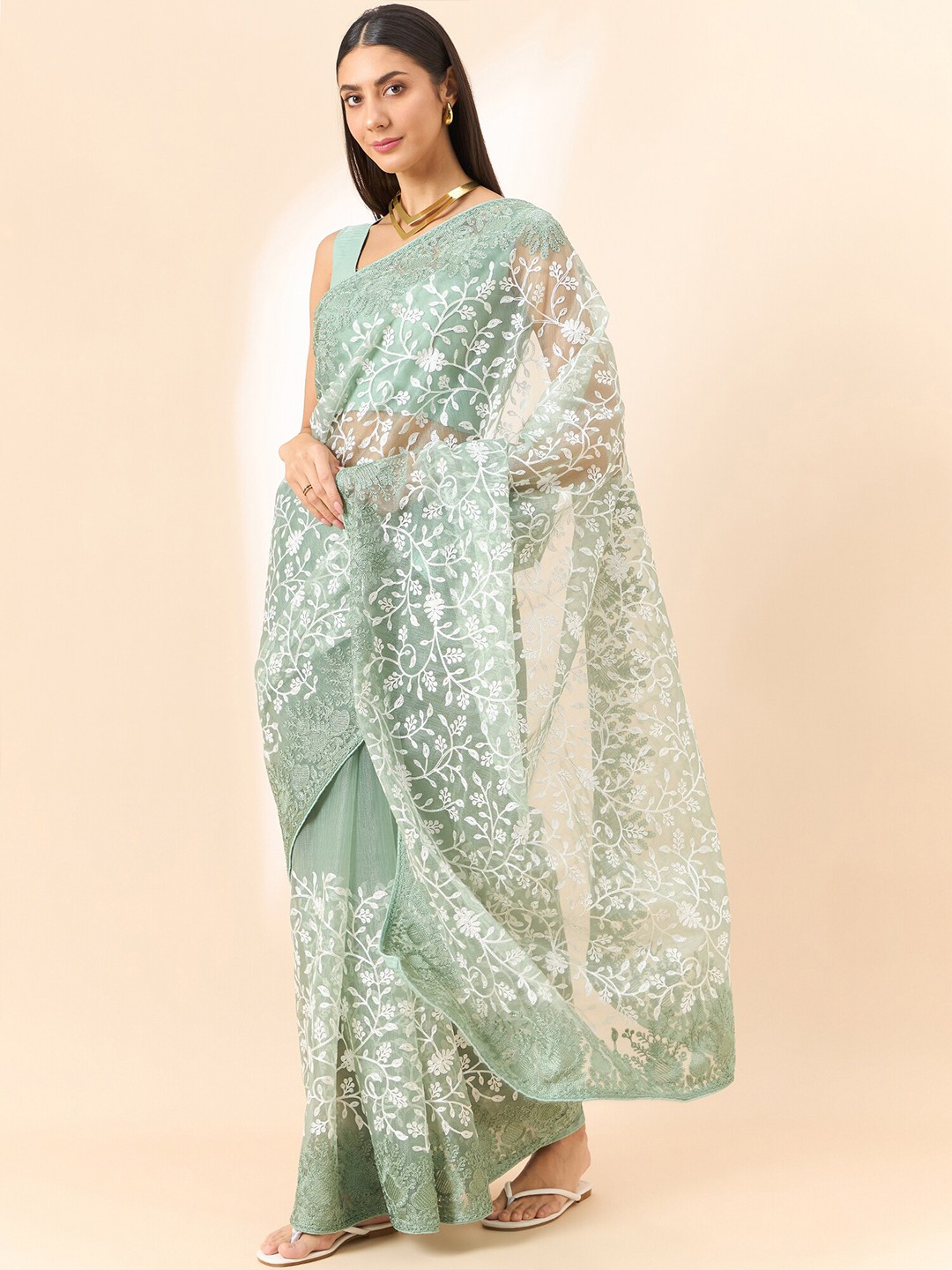 

all about you Floral Embroidered Organza Saree, Green