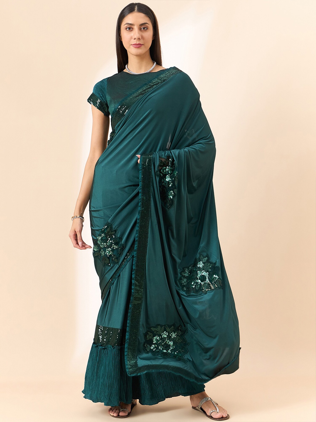 

all about you Floral Sequinned Saree, Green
