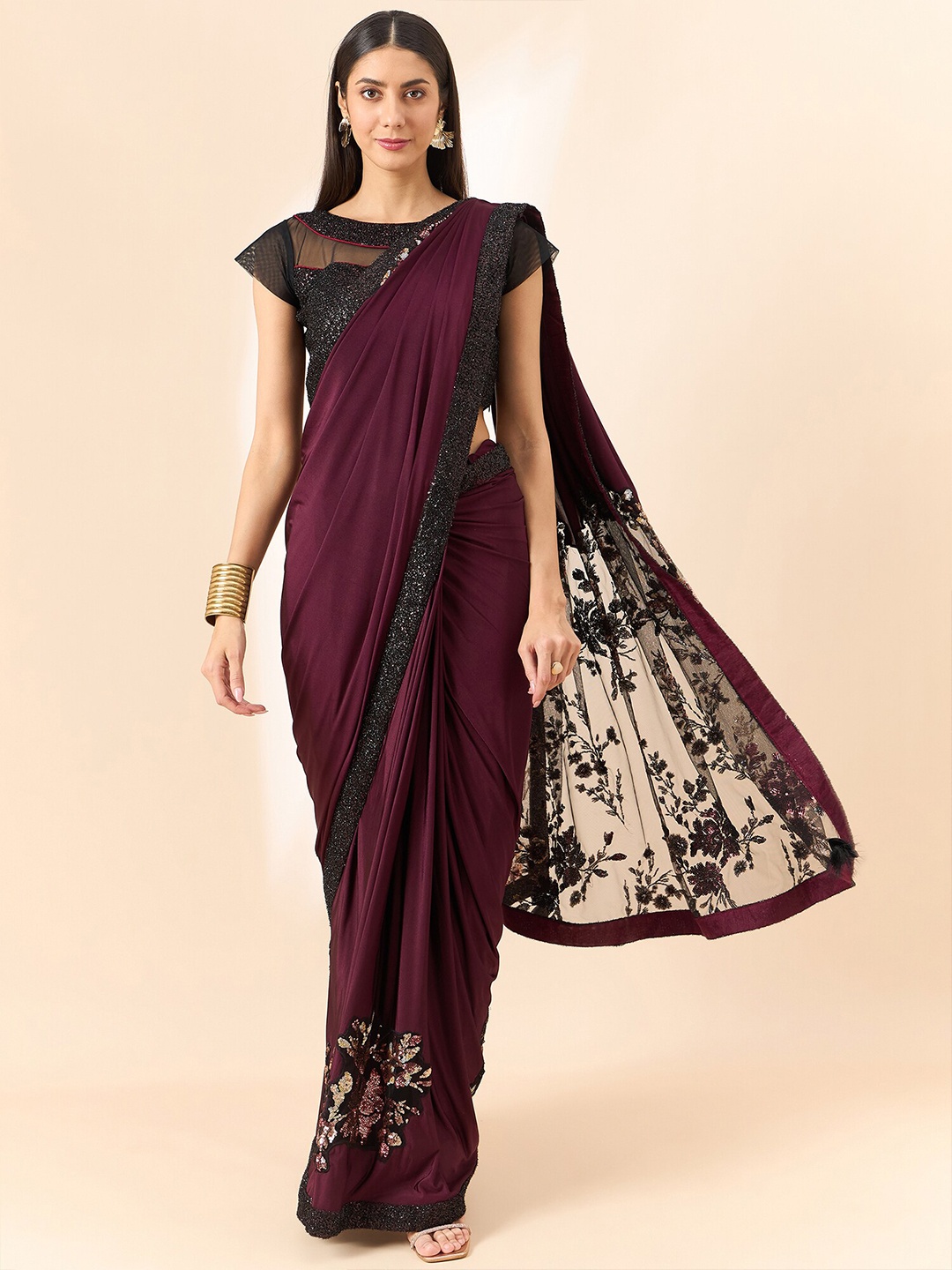 

all about you Floral Sequinned Embellished Saree, Maroon