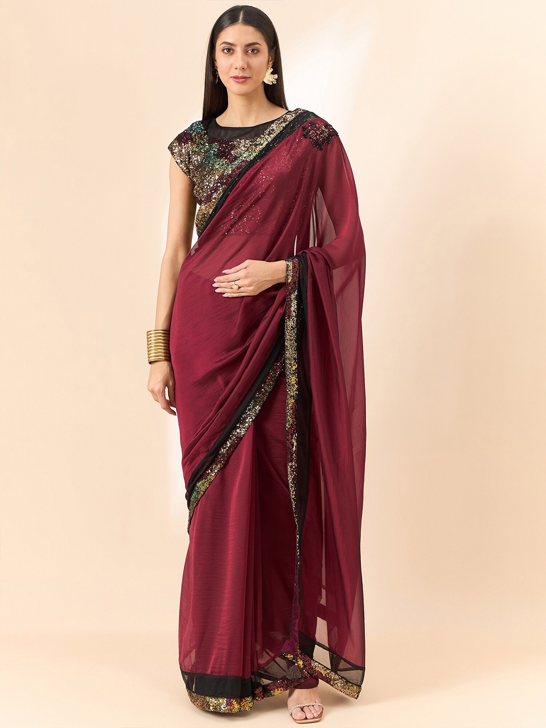 

all about you Sequinned Pure Georgette Saree, Maroon