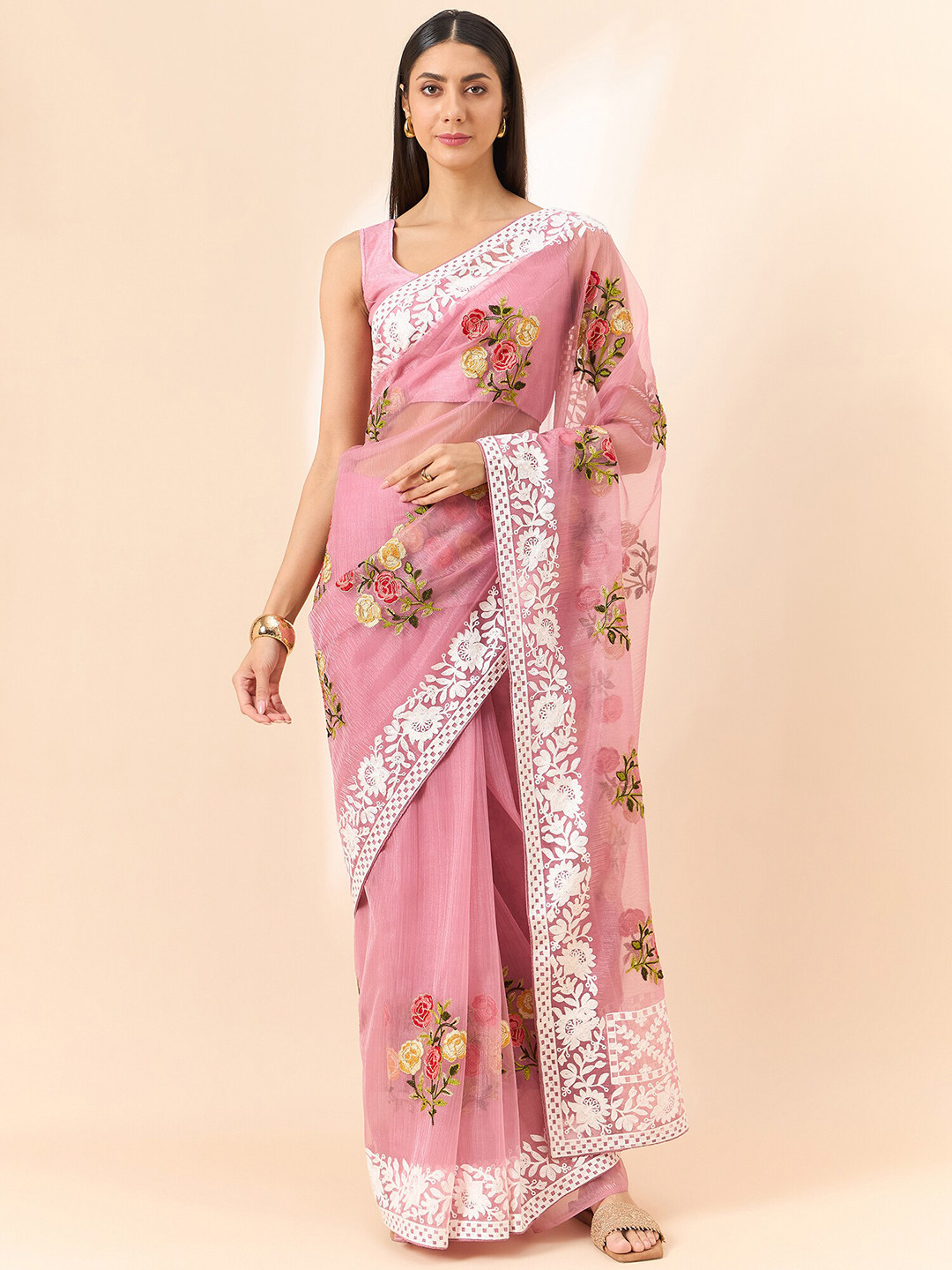 

all about you Floral Embroidered Organza Saree, Pink