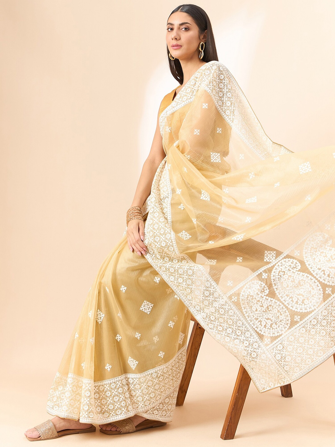 

all about you Embroidered Organza Saree, Beige