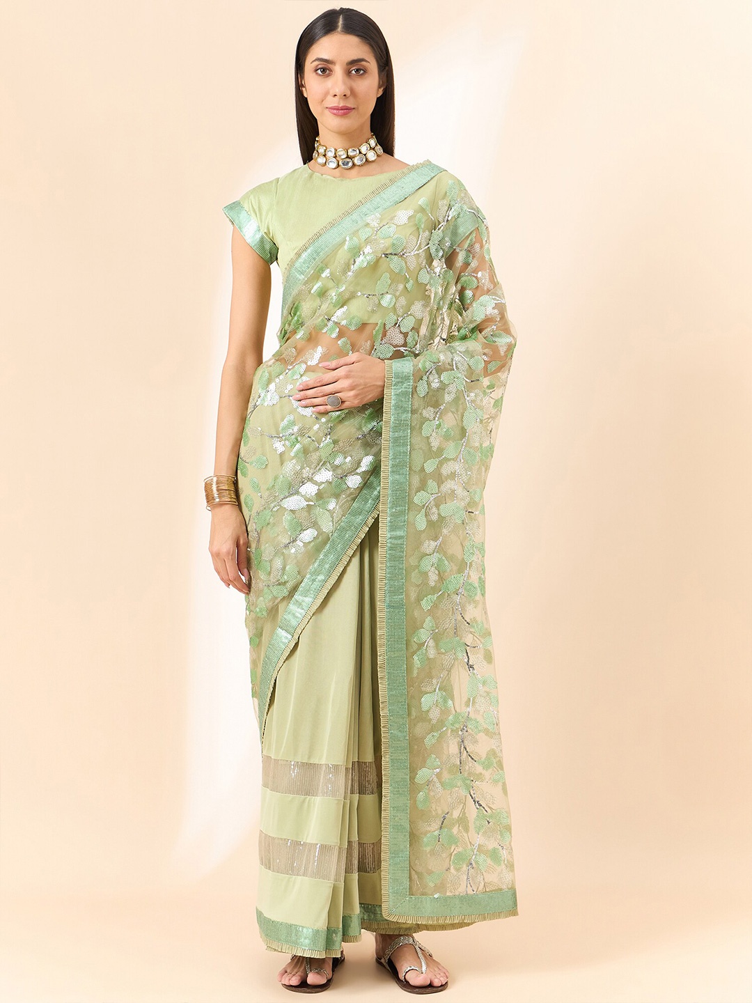 

all about you Floral Sequinned Designer Saree, Green