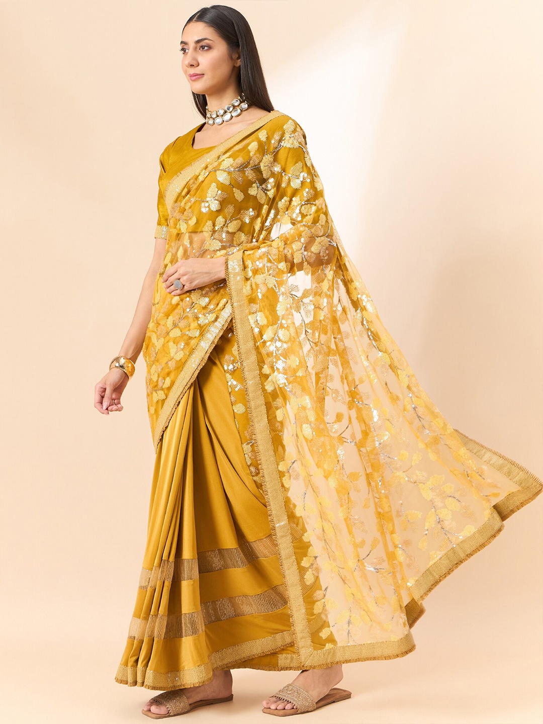

all about you Floral Sequinned Embellished Saree, Mustard