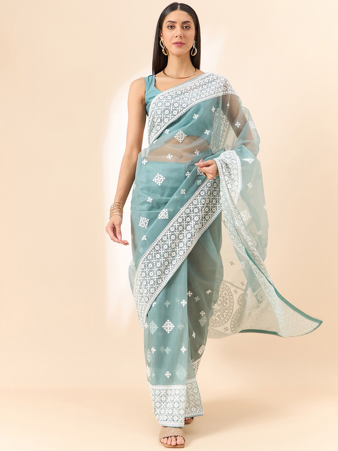 

all about you Embroidered Organza Saree, Blue