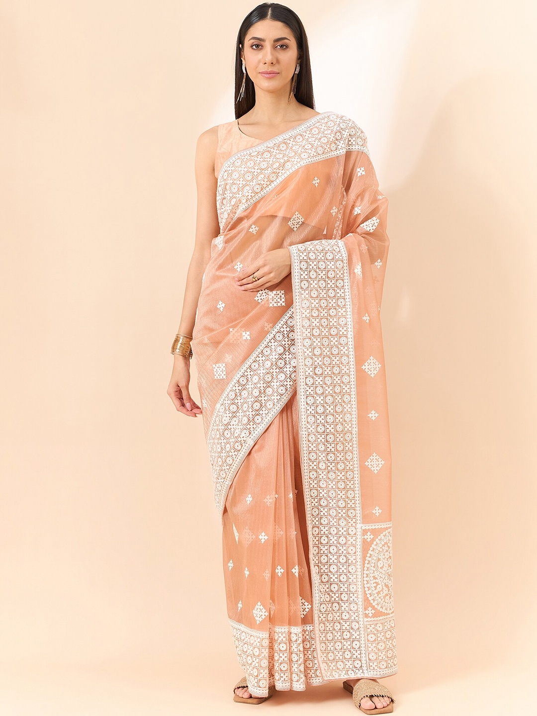 

all about you Embroidered Organza Saree, Peach