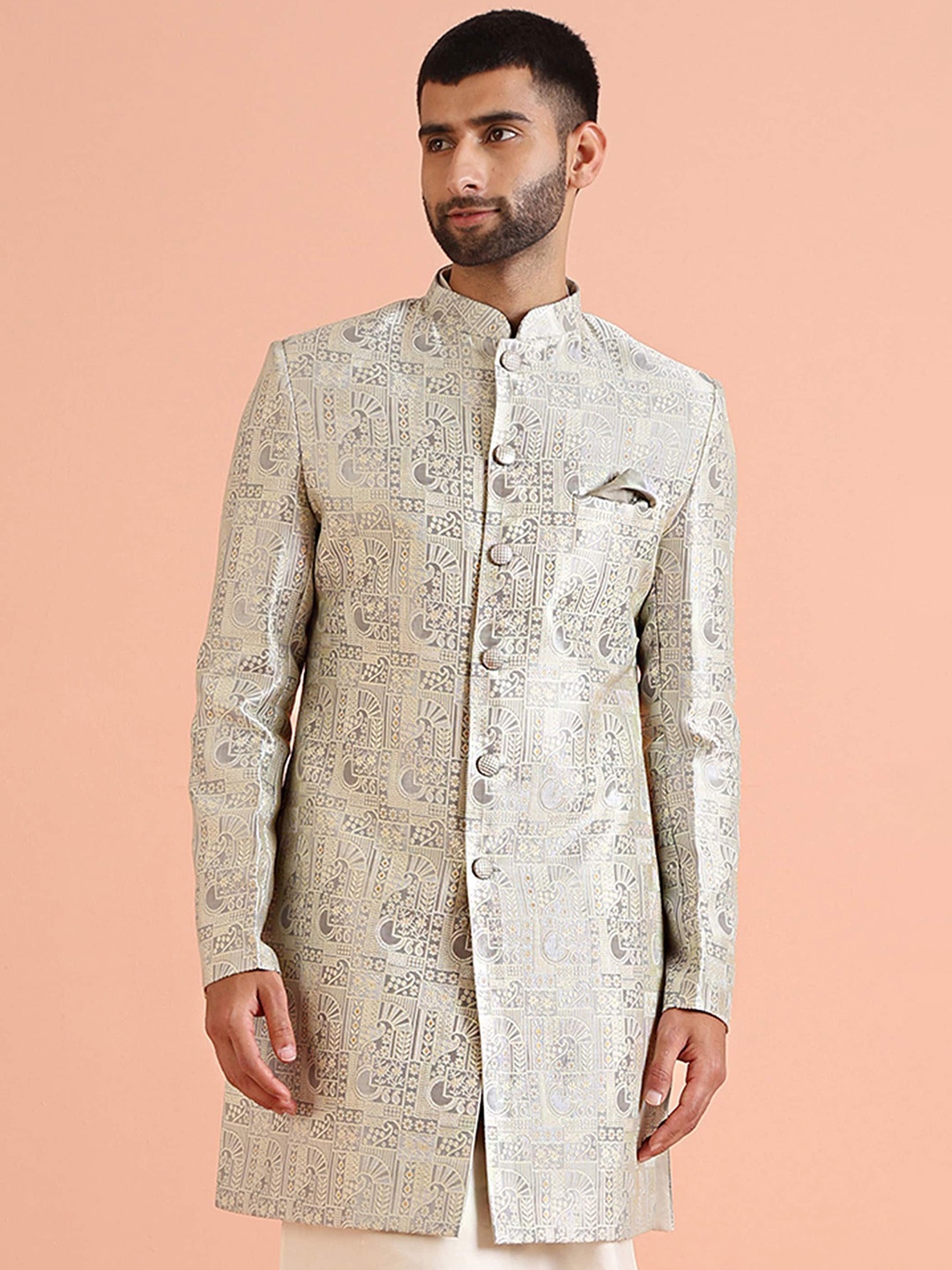 

KISAH Men Geometric Woven Design Mandarin Collar Indowestern Sherwani, Grey