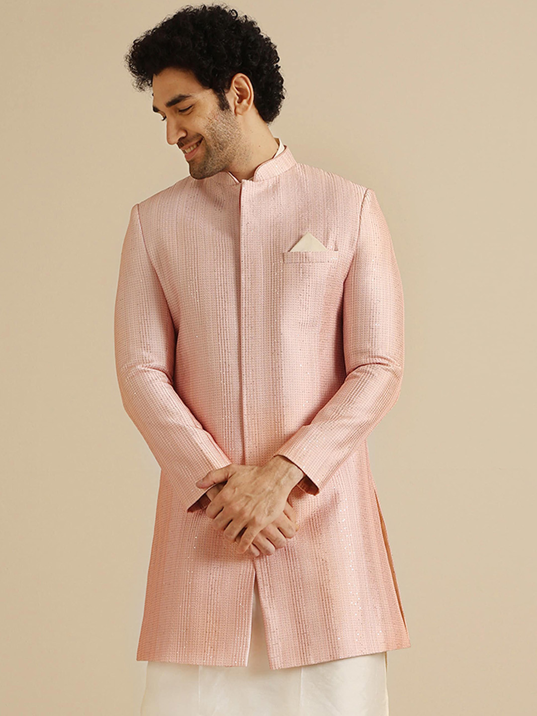 

KISAH Men Striped Embroidered Mandarin Collar Sequinned Indowestern Sherwani, Orange