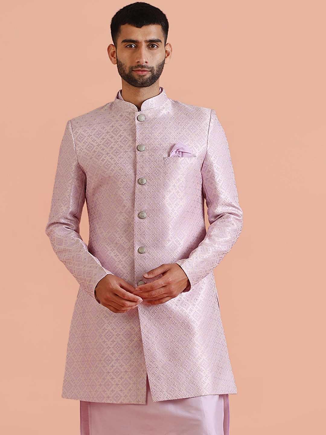 

KISAH Men Geometric Woven Design Mandarin Collar Indowestern Sherwani, Purple