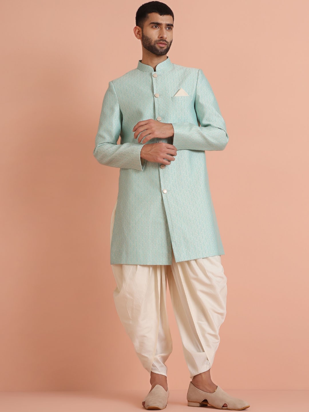 

KISAH Men Geometric Woven Design Mandarin Collar Indowestern Sherwani, Green