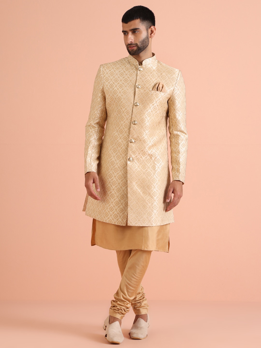 

KISAH Men Self Design Indowestern Sherwani Set, Gold