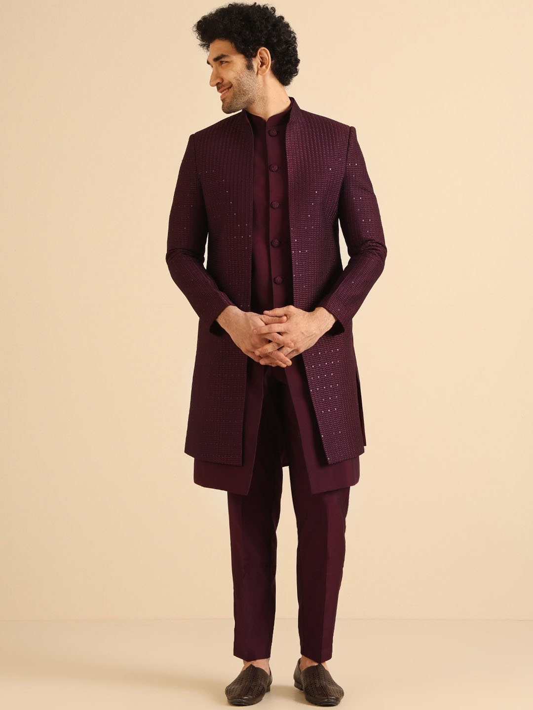 

KISAH Men Embroidered Indowestern Sherwani Set, Burgundy