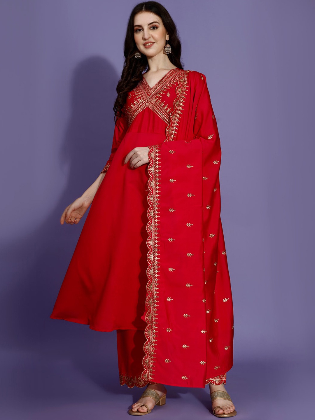 

KALINI Ethnic Motifs Embroidered Regular Kurta with Palazzos & Dupatta, Pink