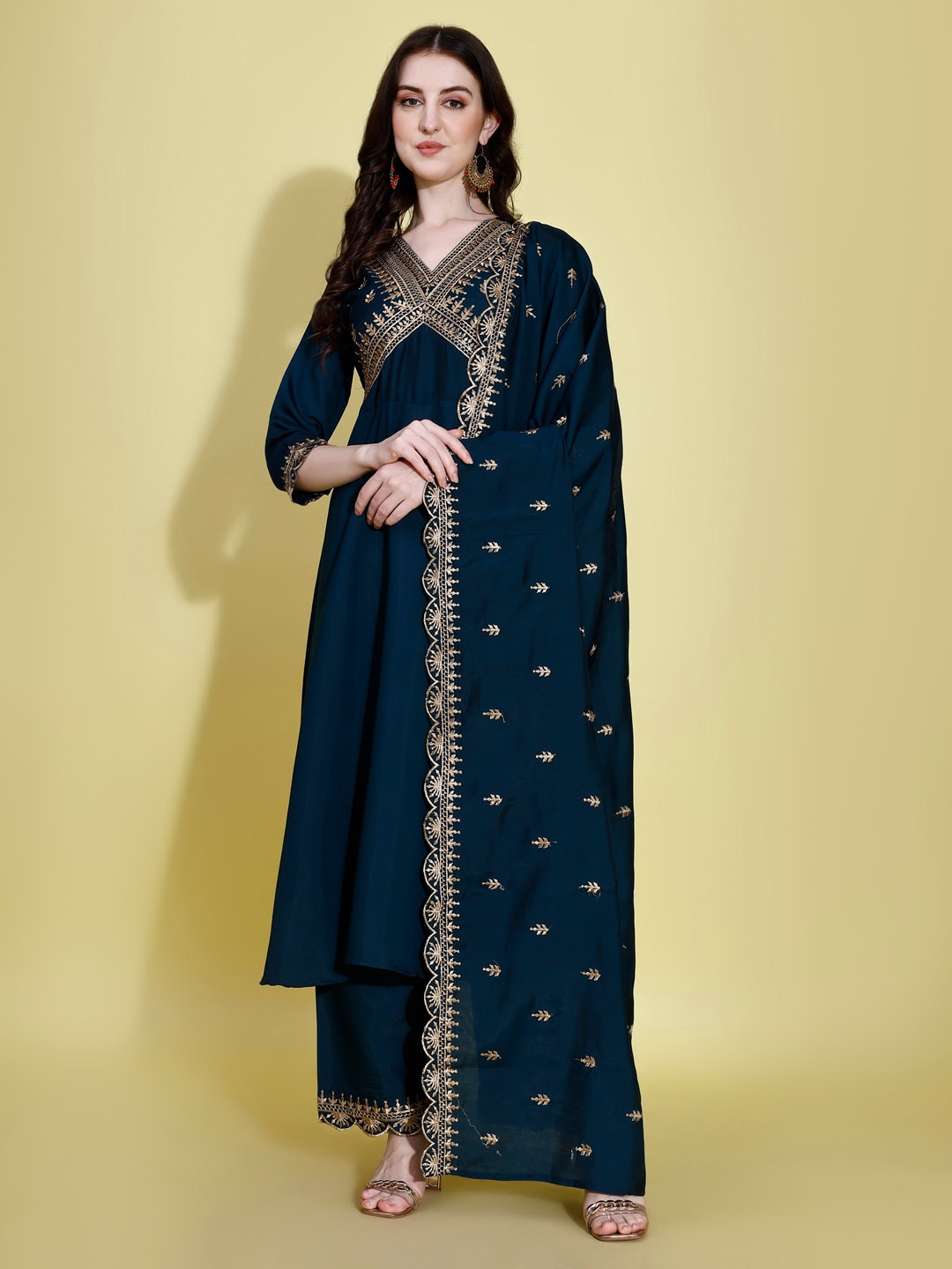 

KALINI Ethnic Motifs Embroidered V-Neck Kurta with Palazzos & Dupatta, Blue
