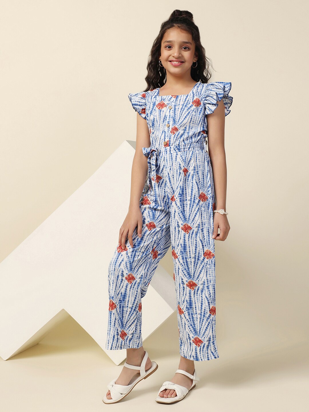 

BAESD Girls Printed Square Neck Jumpsuit With Belt, Blue