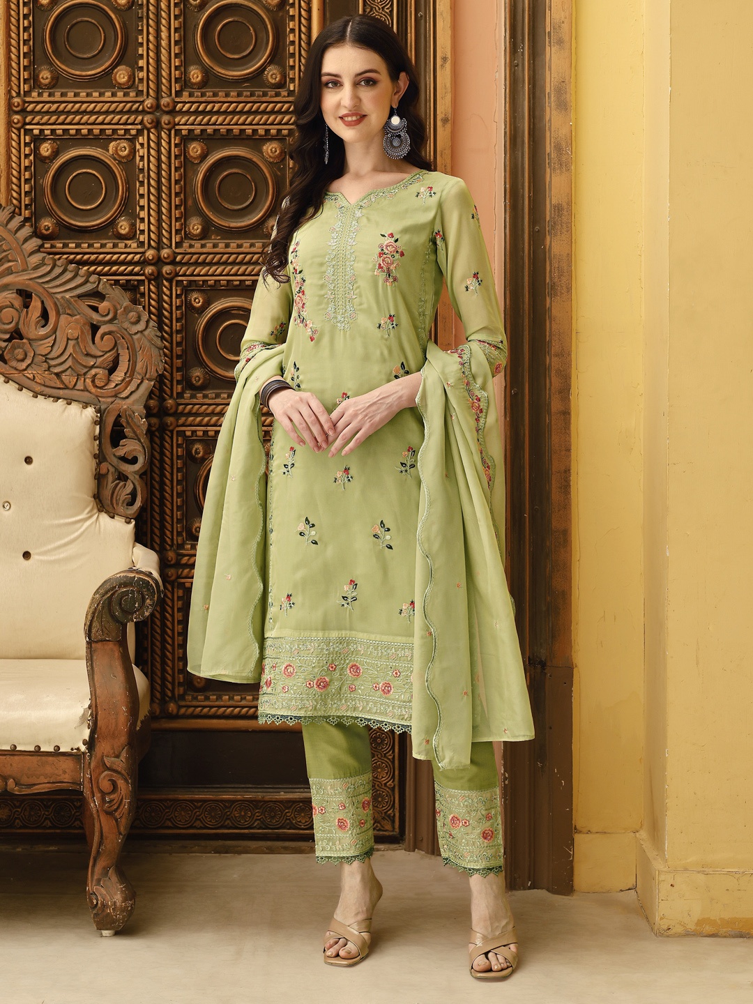 

KALINI Women Embroidered Regular Sequinned Kurta with Trousers & With Dupatta, Green