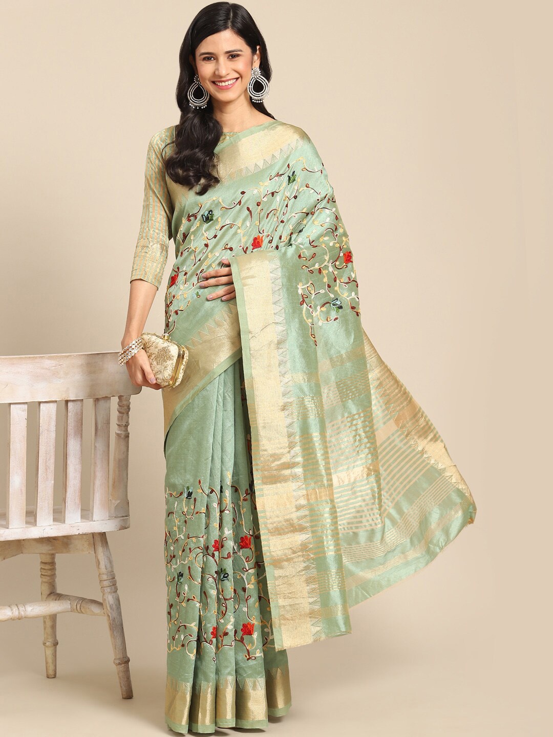 

KALINI Floral Zari Silk Cotton Banarasi Saree, Green