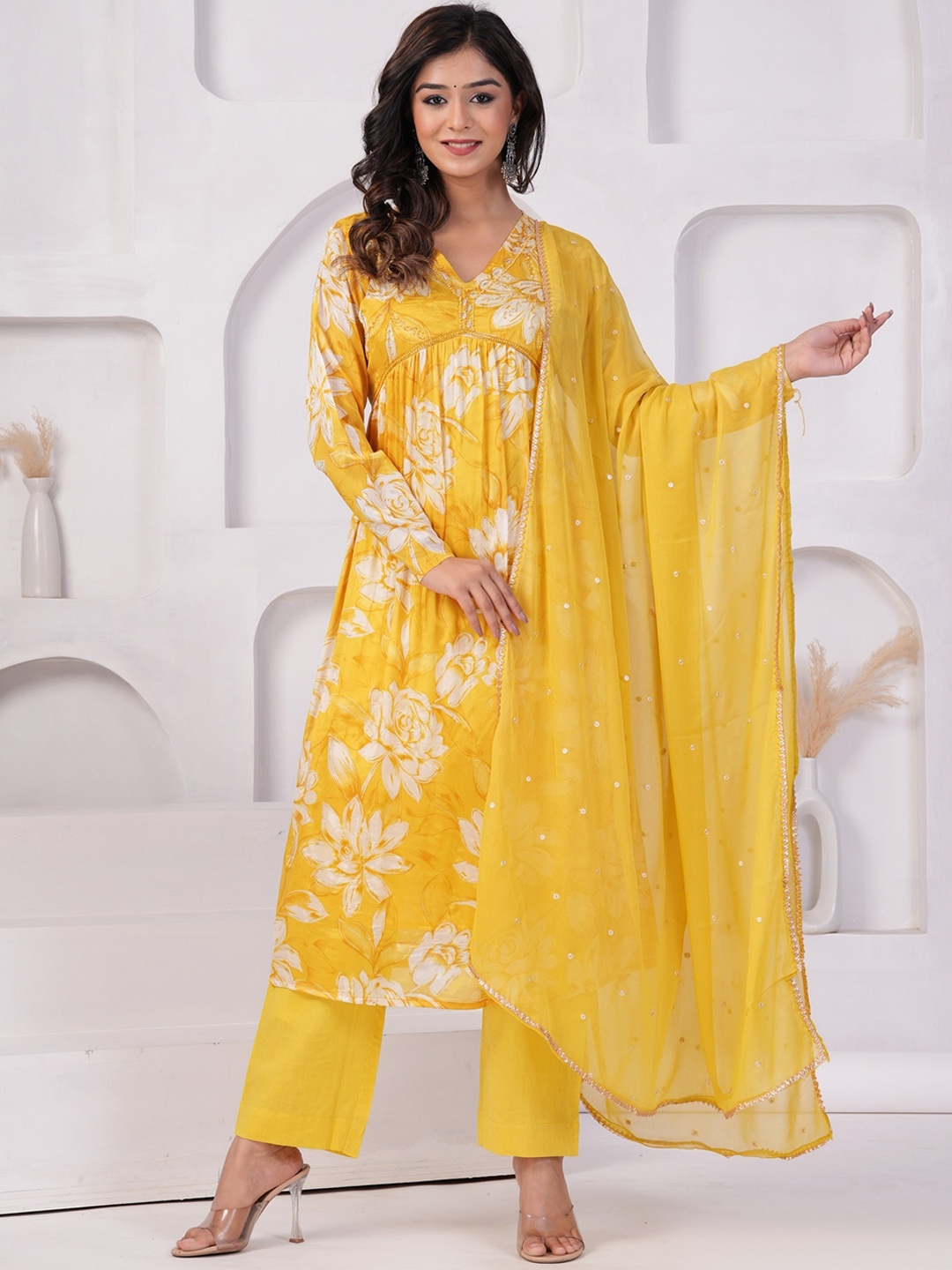 

KALINI Floral Printed Empire Mirror Work Kurta with Trousers & Dupatta, Yellow