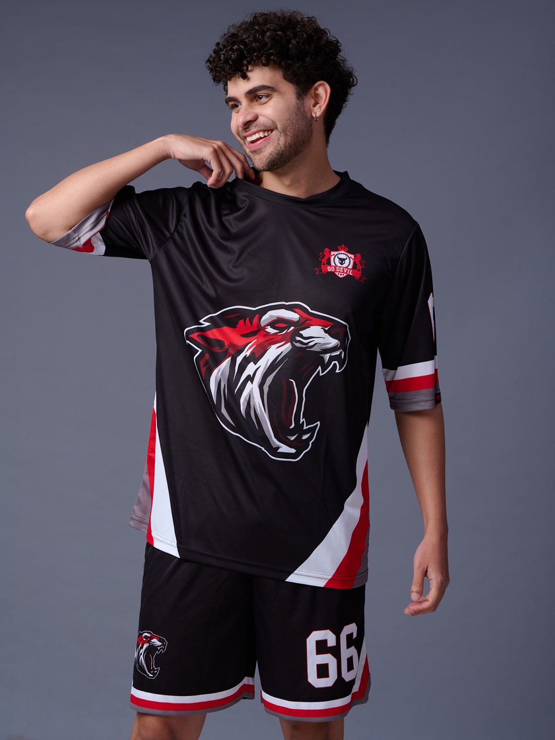 

GO DEVIL Printed T-Shirt & Shorts Sports Co-Ords, Black