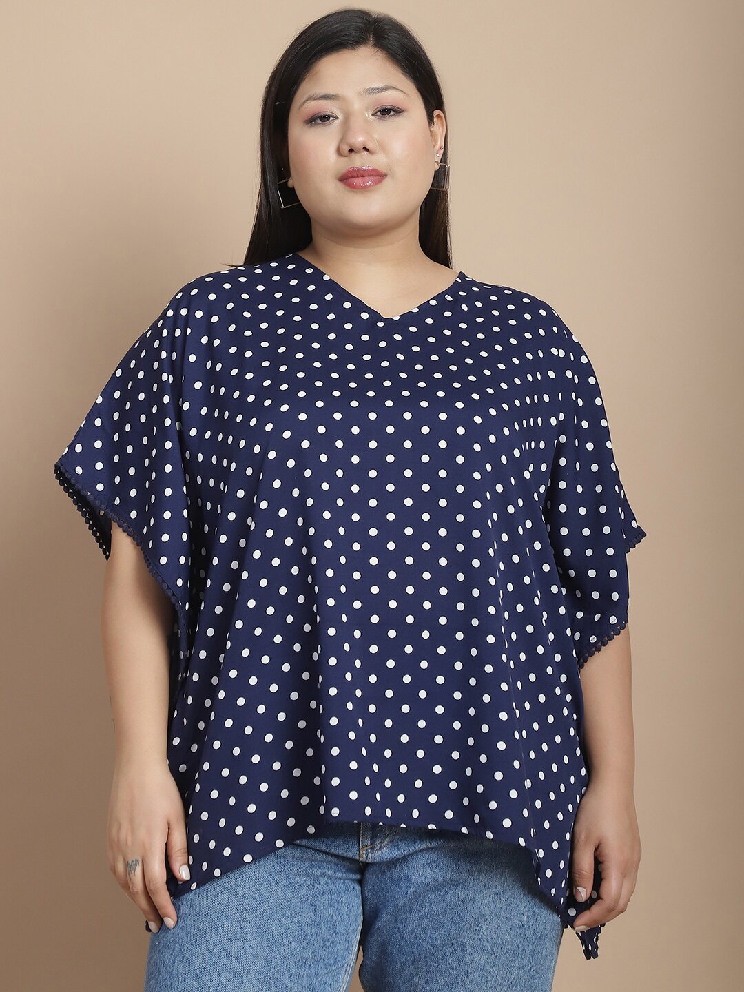 

Rute Polka Dot Print Kimono Sleeve Cotton Top, Navy blue