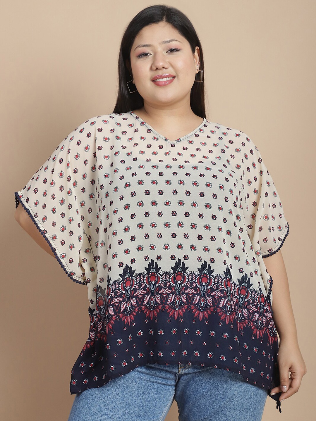 

Rute Print Kimono Sleeve Cotton Top, Beige