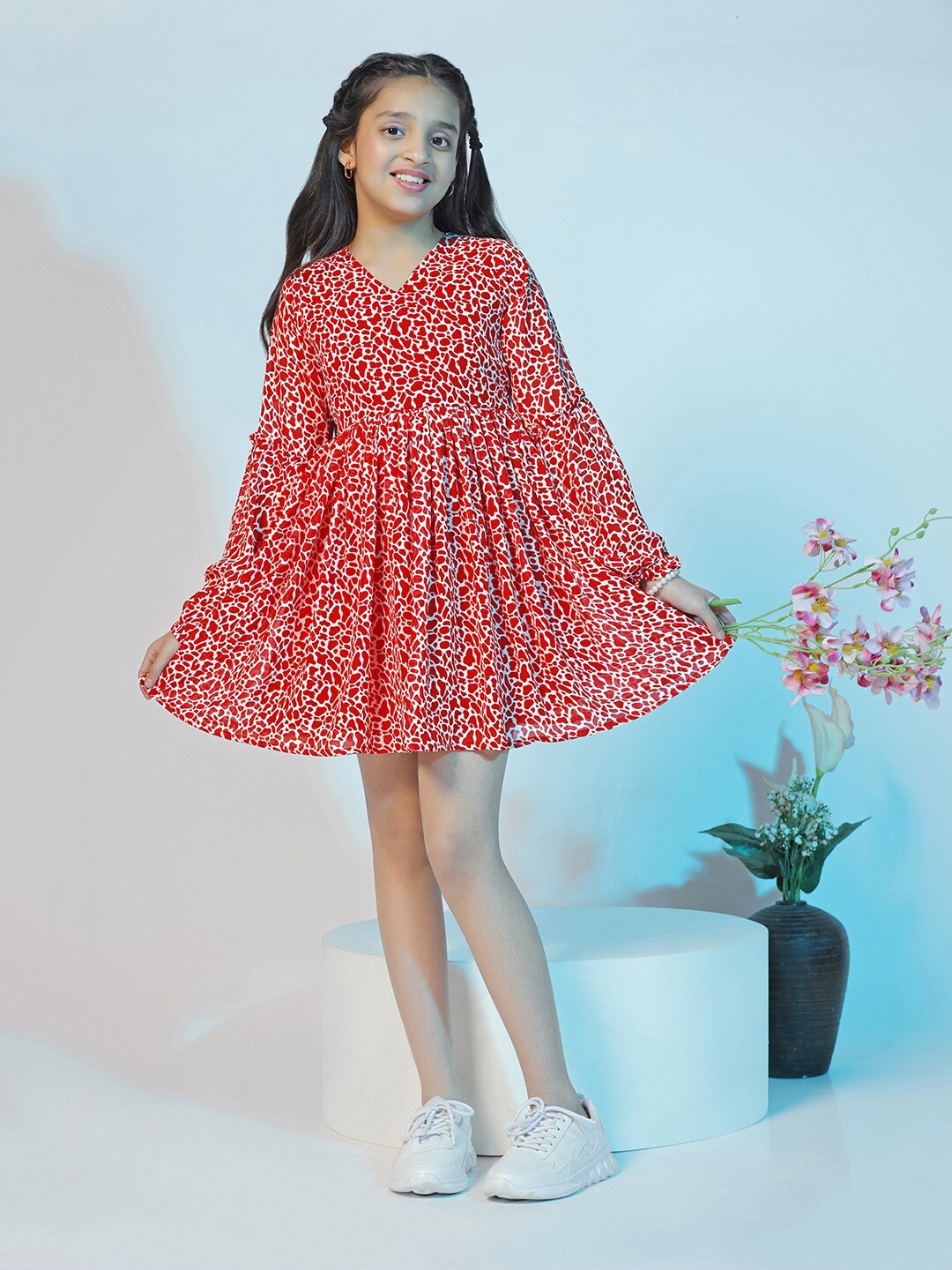 

FASHION DREAM Girls Animal Printed Fit & Flare Above Knee Dress, Red