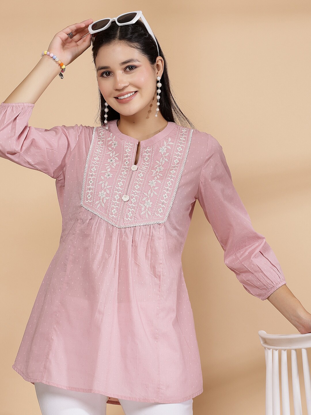 

Nayam By Lakshita Mandarin Collar Embroidered Cotton Tunic, Pink