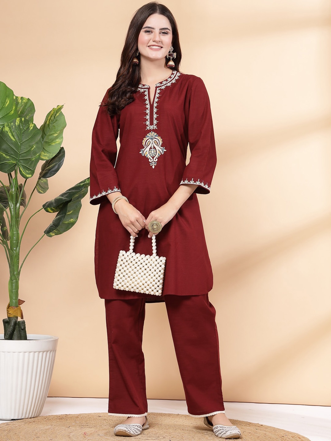 

Nayam By Lakshita Floral Embroidered Straight Kurta with Palazzos, Maroon