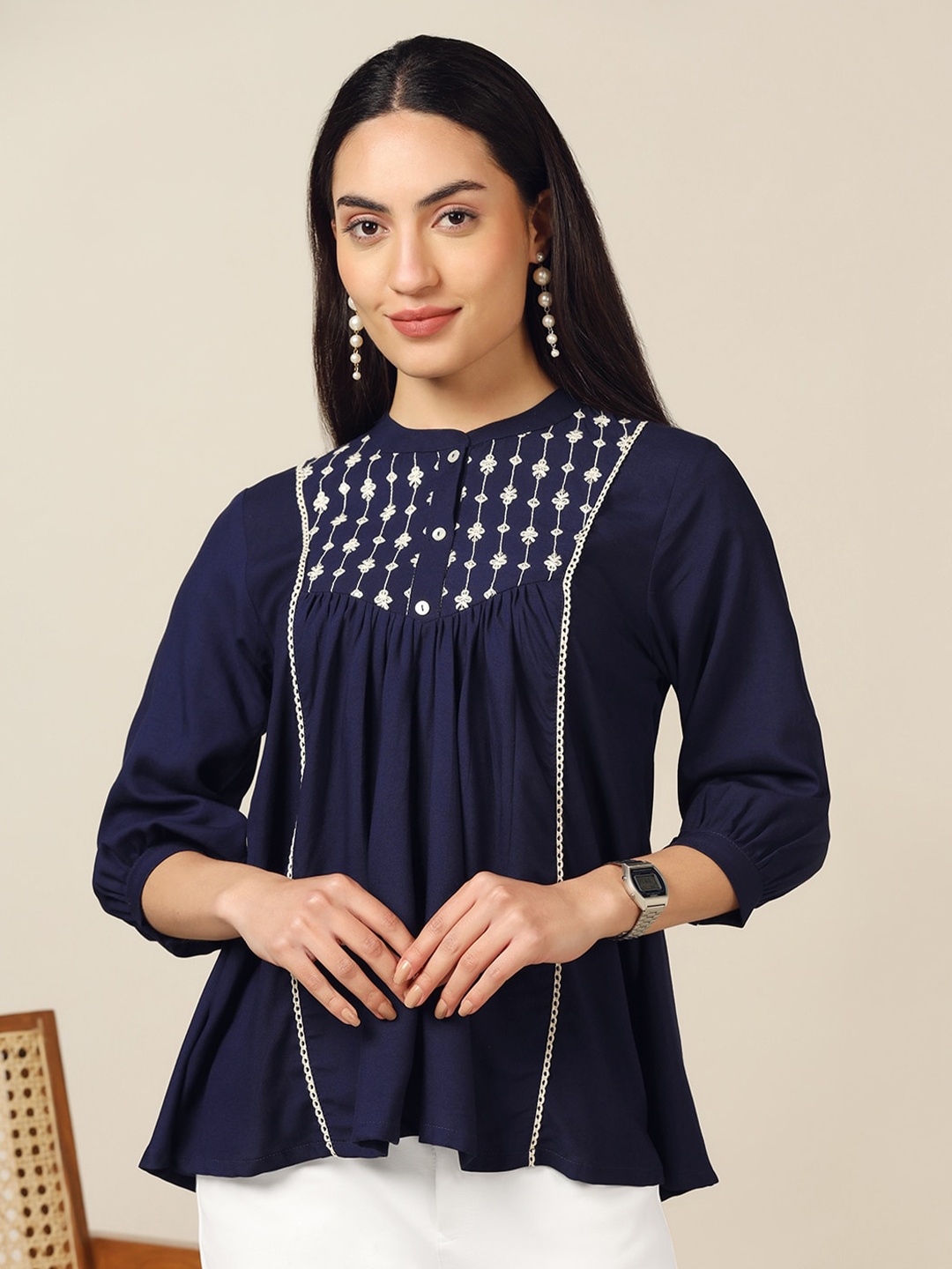 

Fashion Dream Mandarin Collar Puff Sleeve Top, Navy blue