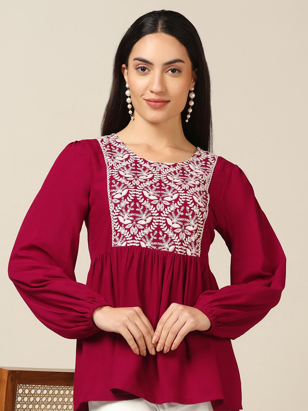 

FASHION DREAM Print Bishop Sleeves Top, Maroon