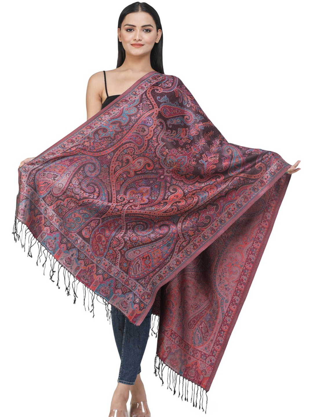 

Exotic India Purple Orange Paisleys-Flowers Woven Reversible Super Silk Jamawar Stole, Peach