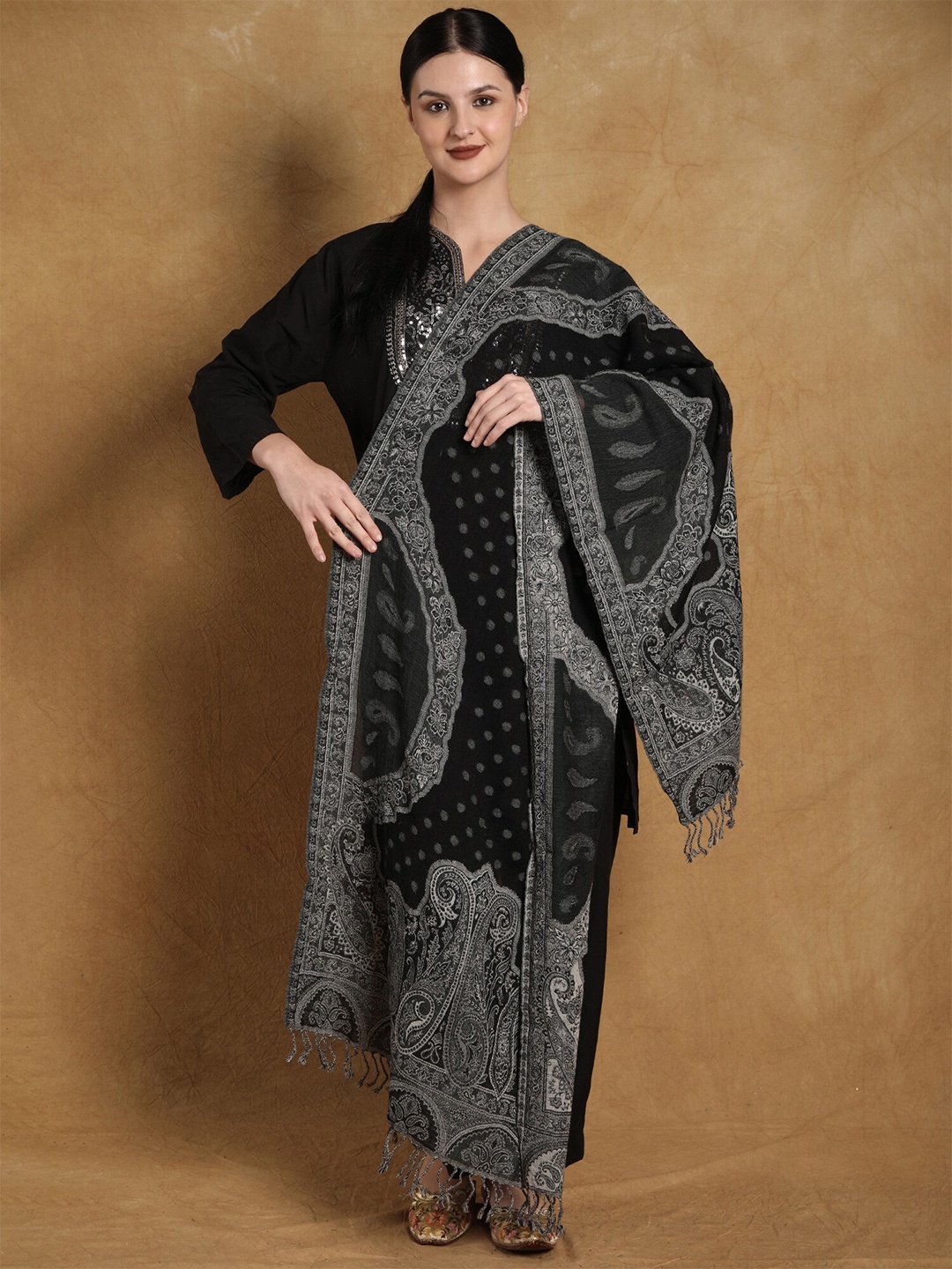 

Exotic India Jet Black Pure Wool Cutwork Jamawar Stole with Woven Paisleys and Bootis