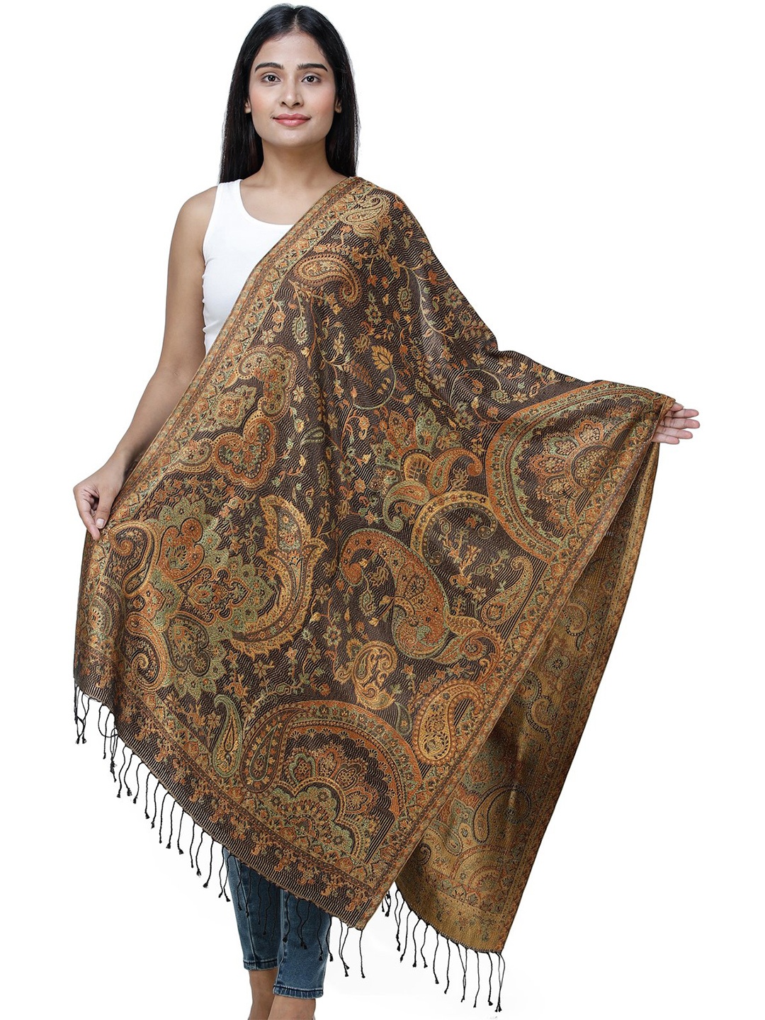 

Exotic India Green And Orange Paisleys-Flowers Woven Reversible Super Silk Jamawar Stole, Brown