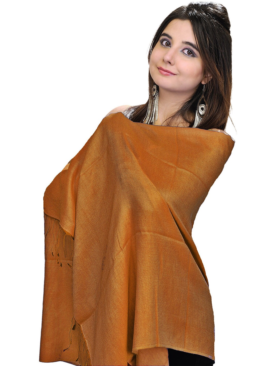 

Exotic India Desert Sun Plain Water-Pashmina Reversible Art Silk Stole, Brown