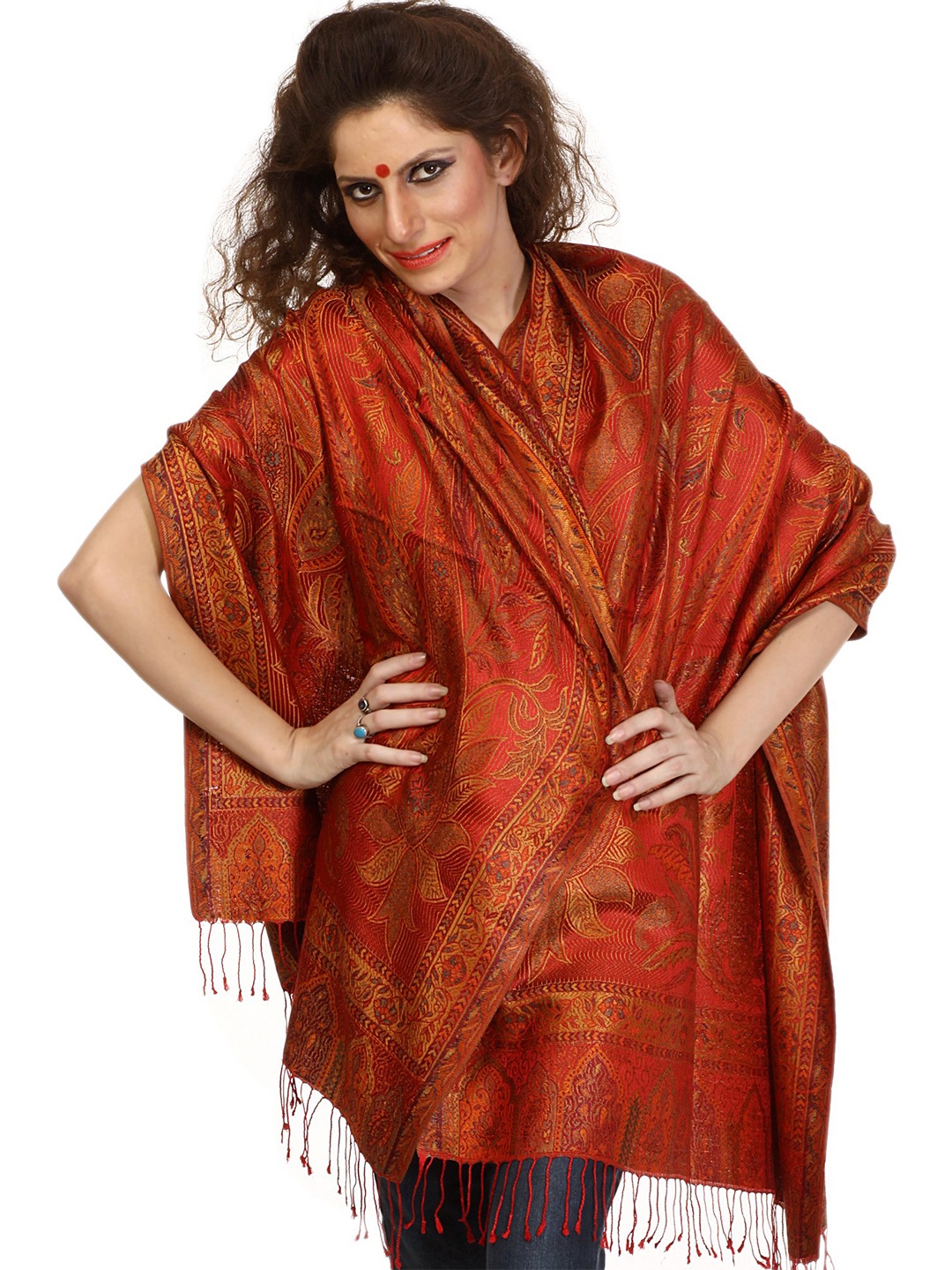 

Exotic India Paisley Woven Design Silk Stole, Red