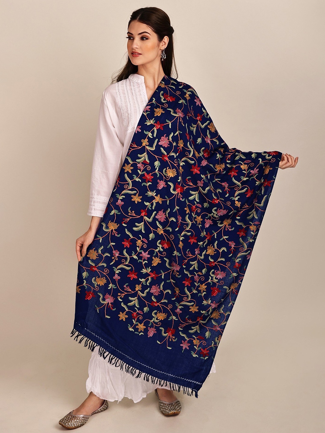 

Exotic India Floral Aari Embroidered Tasseled Wool Stole, Navy blue