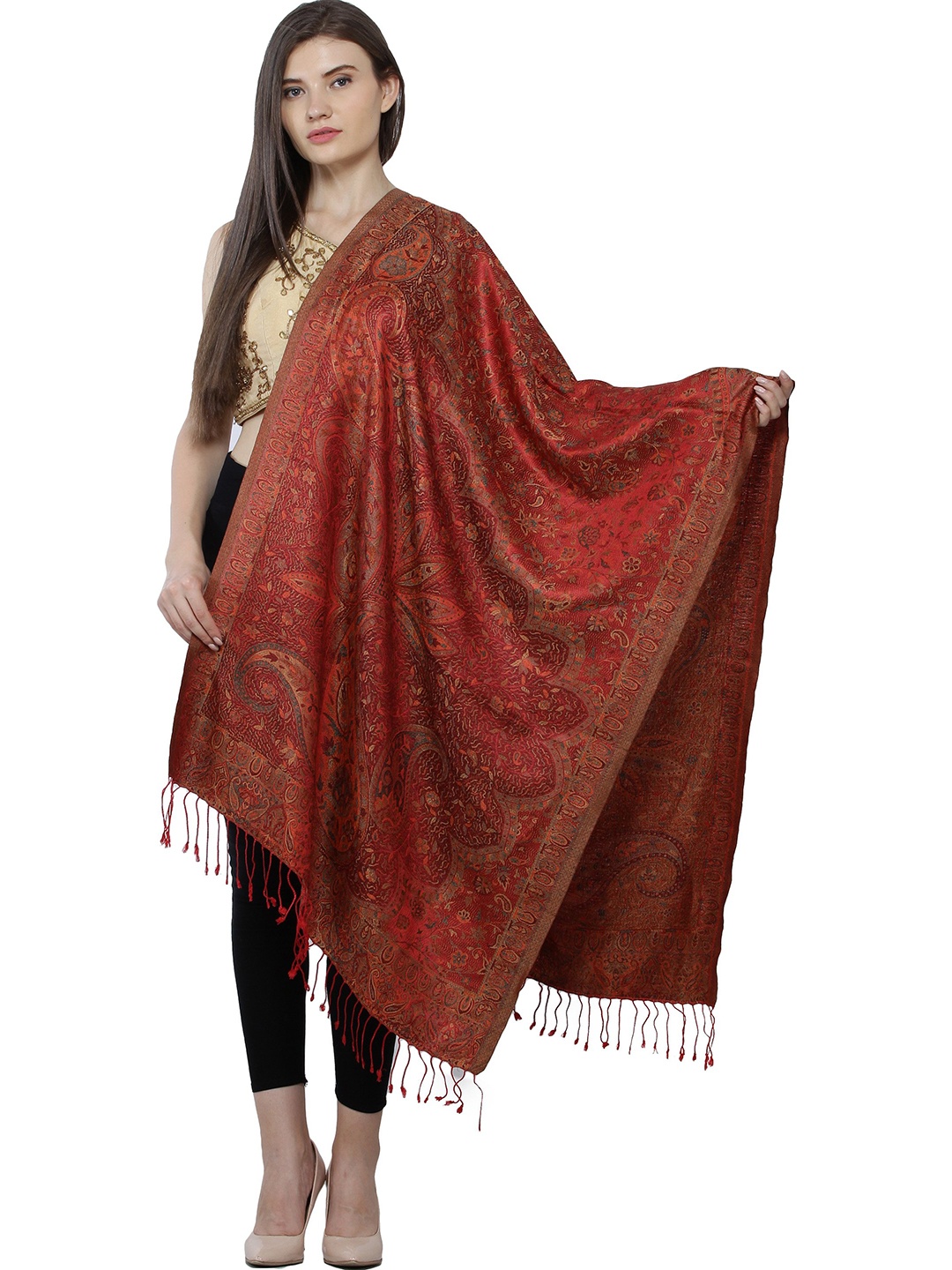 

Exotic India Paisley Woven Design Silk Stole, Red