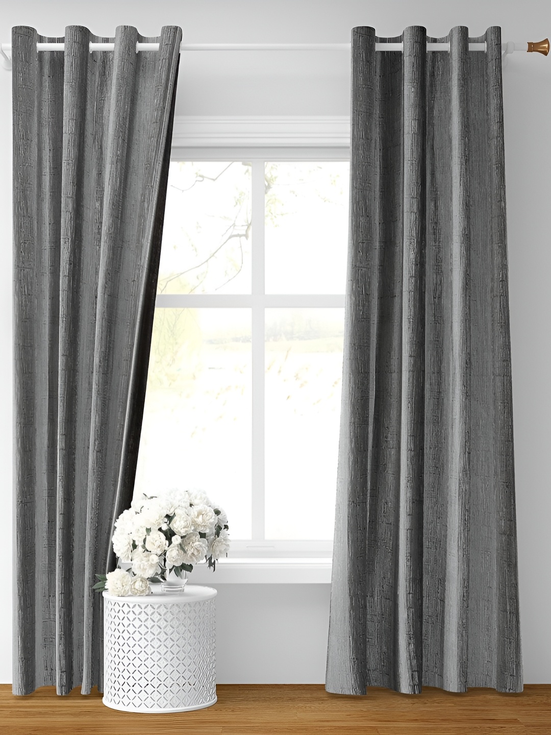 

RIDHAAN Grey & Silver-Toned 2 Pieces Floral Room Darkening Window Curtain