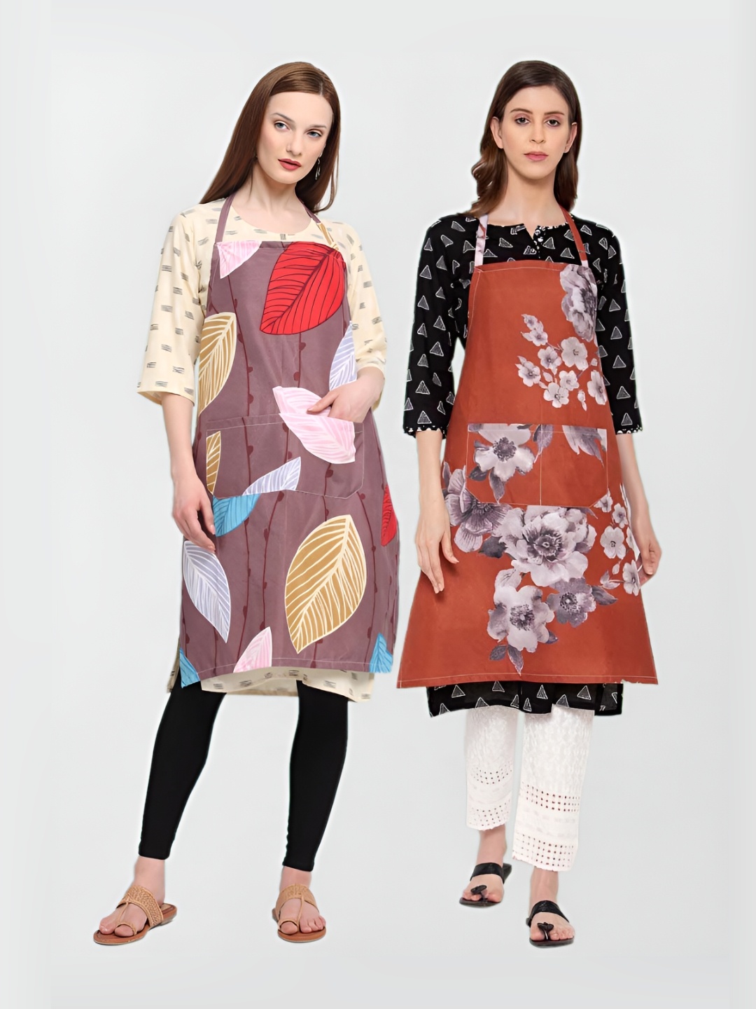 

KLOTTHE 2 Pieces Brown & Grey Printed 300 TC Aprons